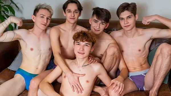 Adam Keller, Tony Keit, Amon, Philip Kiss, Scott Smith – Twink Fuck Fest on My Couch! The More, The Merrier